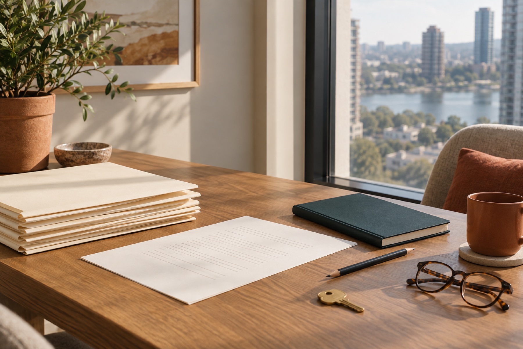 Illustrative arrangement of folders, a notebook and a key on an oak desk