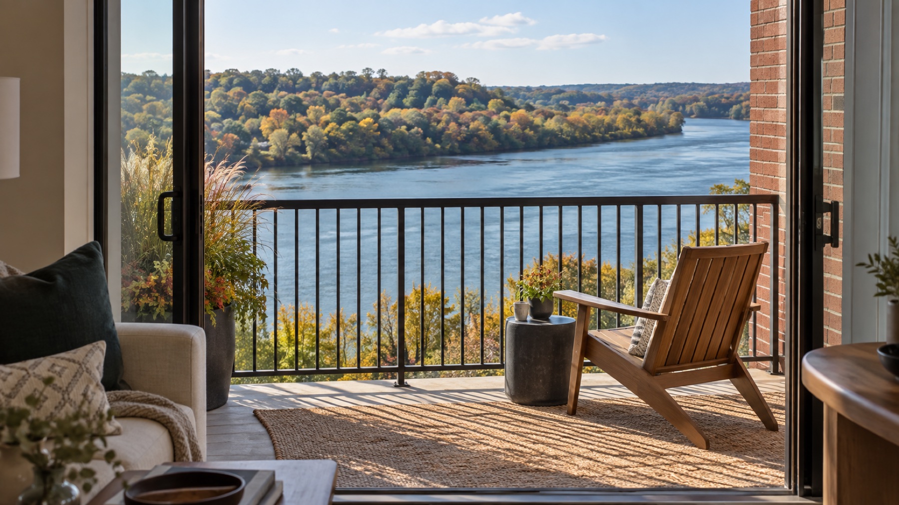 Illustrative balcony looking toward a river and wooded shore